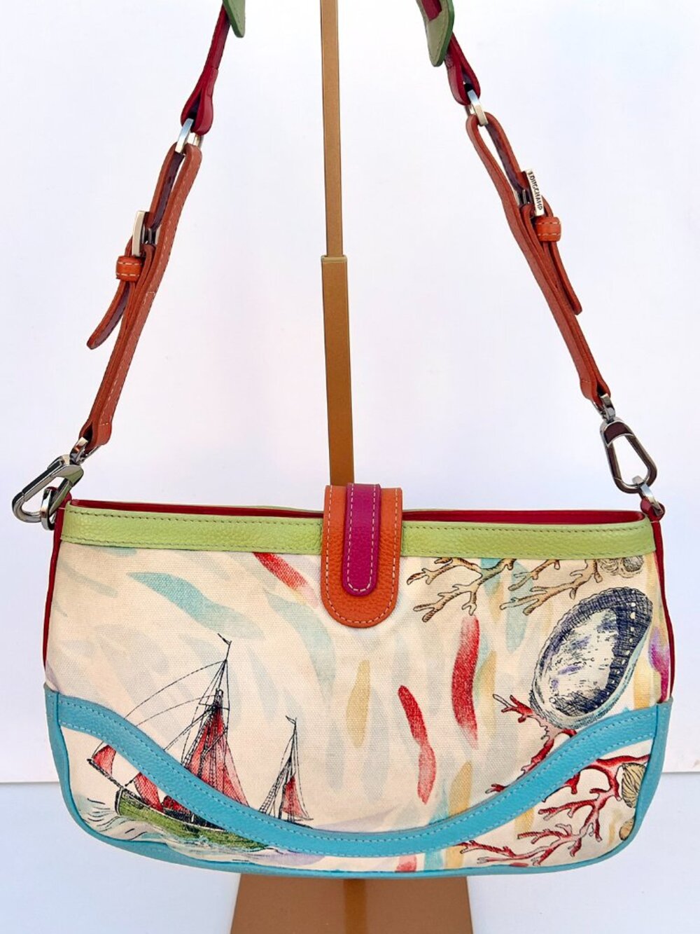 Longchamp Nautical Coastal Marine Coral Print Leather Shoulder Bag - Picture 2 of 13